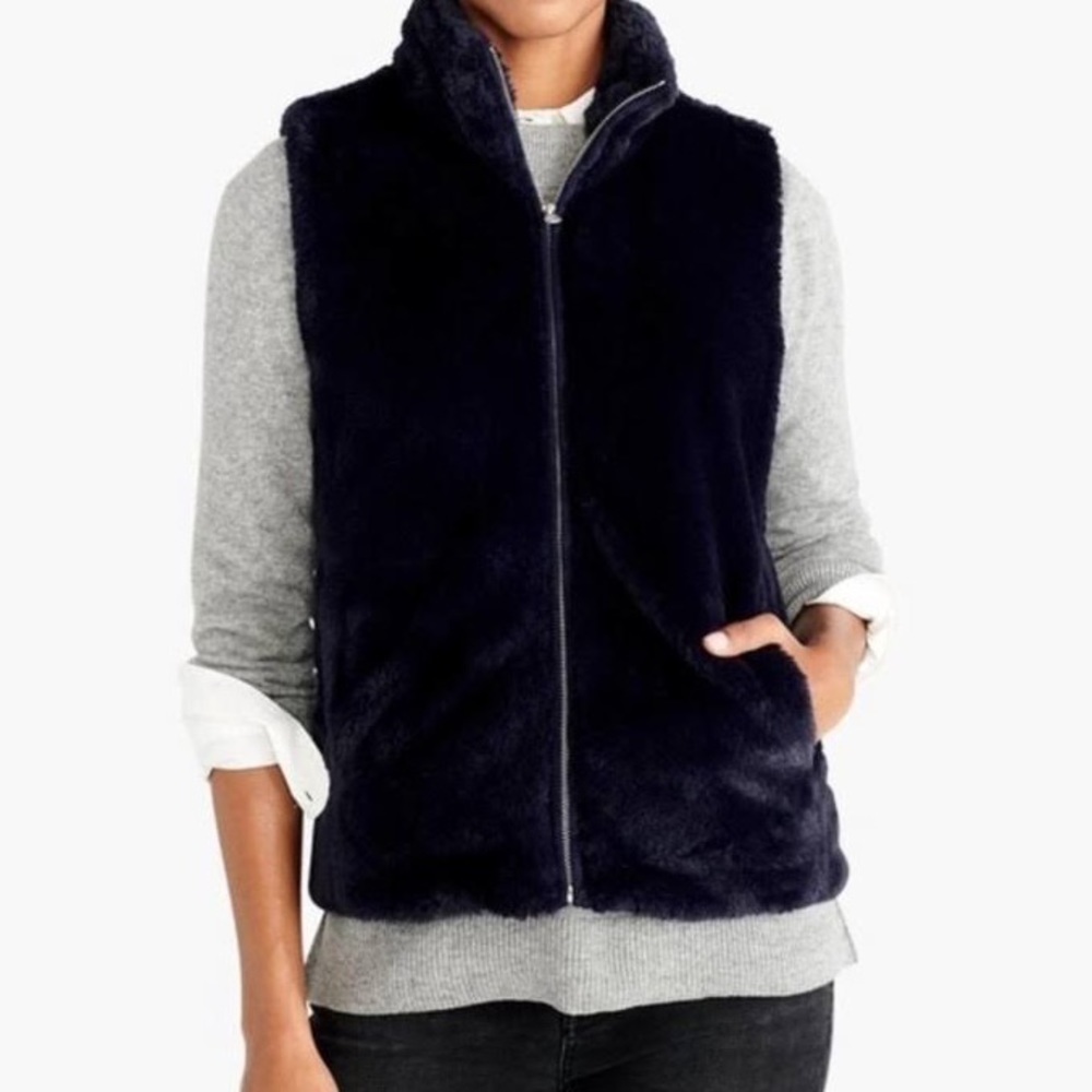 J. Crew — Navy blue faux fur vest! - Picture 2 of 11